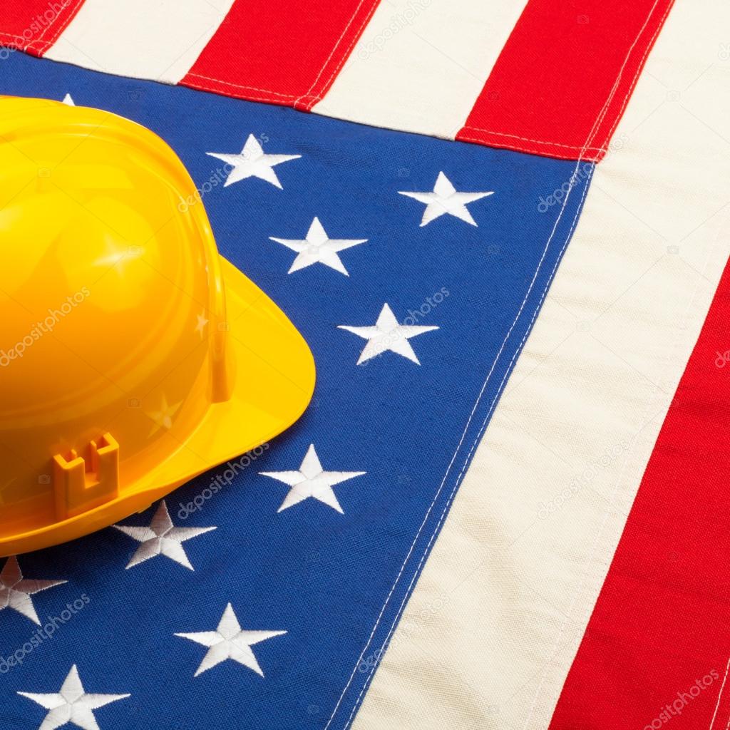 Protective helmet over USA flag - closeup shot - 1 to 1 ratio