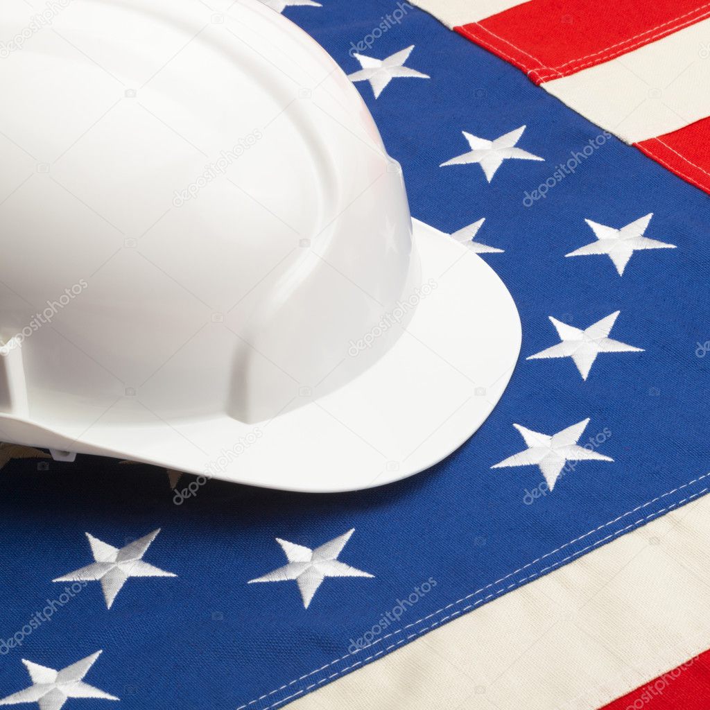 Construction helmet over US flag - 1 to 1 ratio