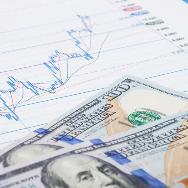 Stock market graph and 100 dollars banknote - studio shot — Stock Photo, Image