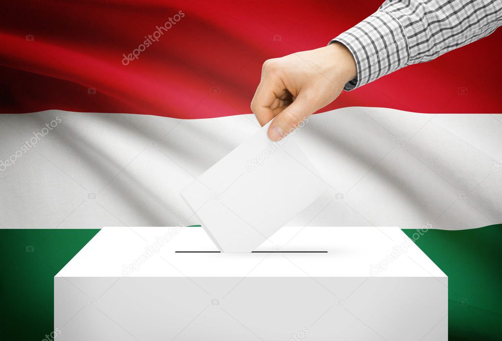 Voting concept - Ballot box with national flag on background - Hungary
