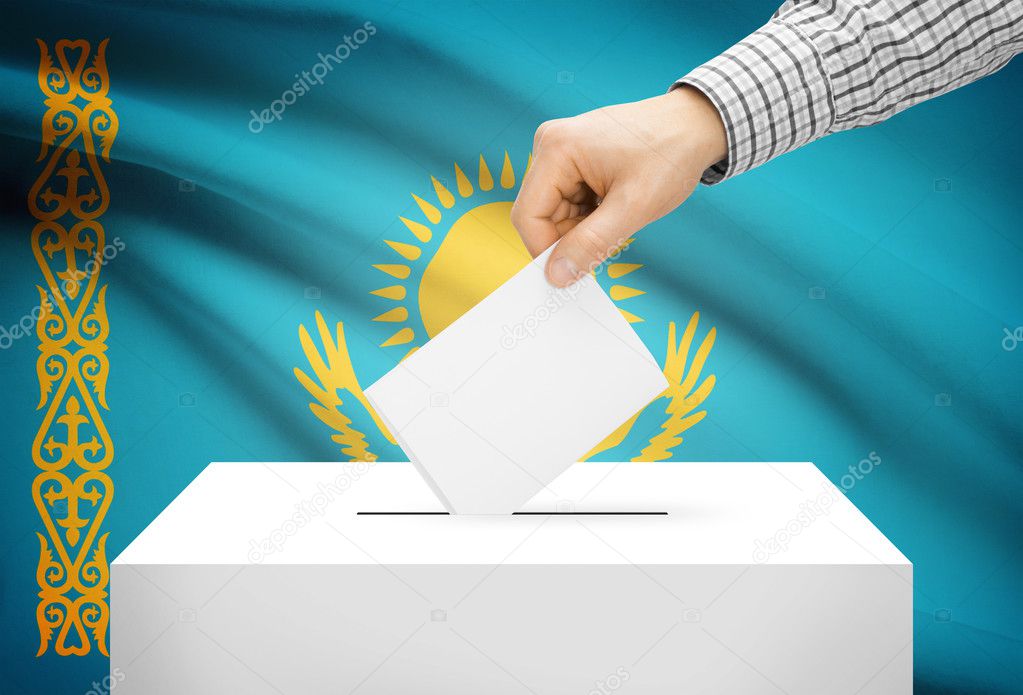 Voting concept - Ballot box with national flag on background - Kazakhstan