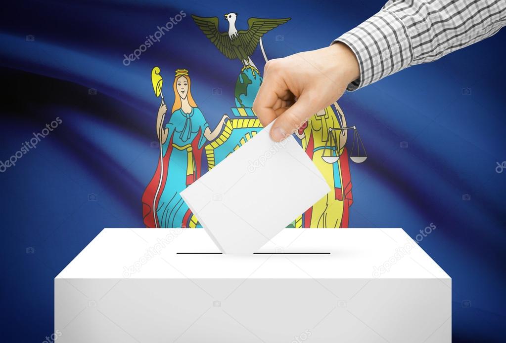 Voting concept - Ballot box with national flag on background - New York