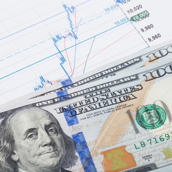 Stock market chart and 100 USA dollars banknote over it - market concept — Stock Photo, Image