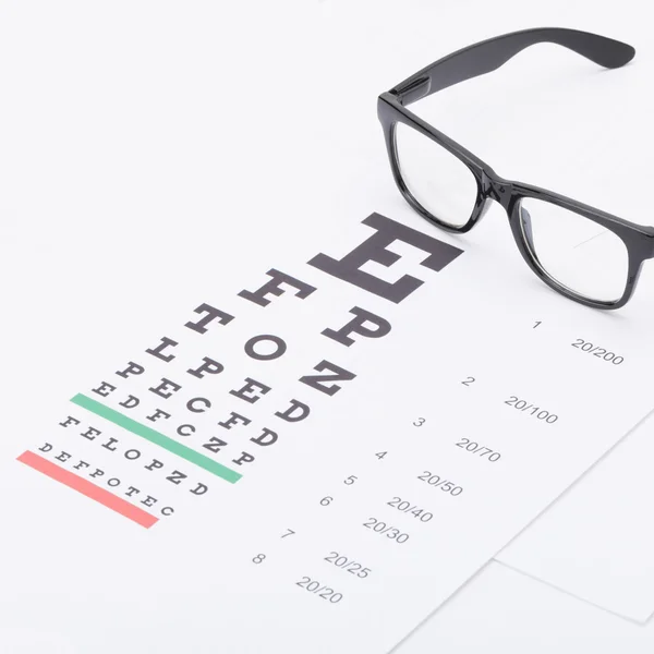 Eyesight test chart with glasses over it - healthcare concept — Stock Photo, Image