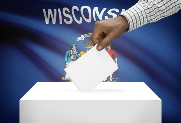 Voting concept - Ballot box with US state flag on background - Wisconsin — Stock Photo, Image