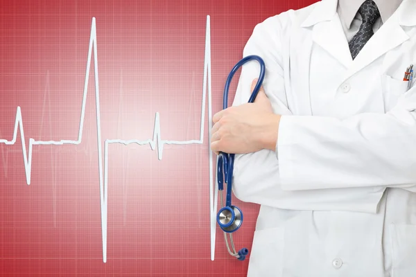 Doctor with stethoscope in hand and electrocardiogram on red color background — Stock Photo, Image