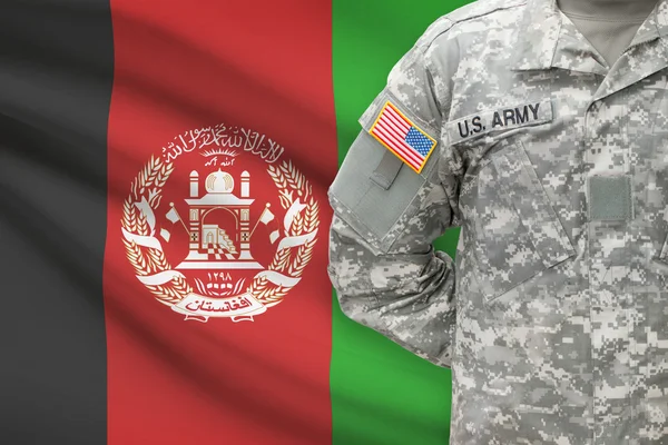 American soldier with flag on background - Afghanistan — Stock Photo, Image