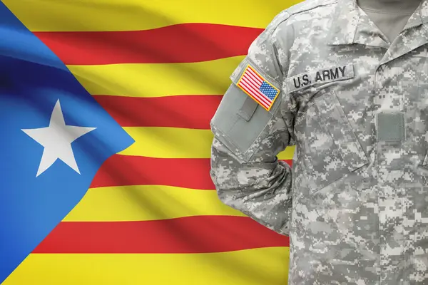 American soldier with flag on background - Estelada - Catalonia — Stock Photo, Image