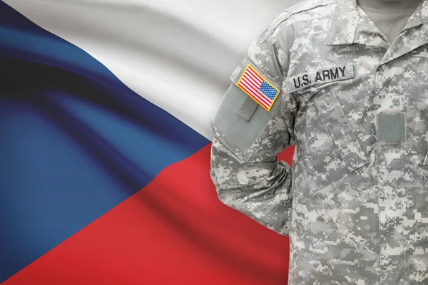 American soldier with flag on background - Czech Republic — Stock Photo, Image