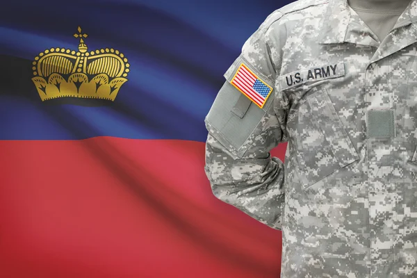 American soldier with flag on background - Principality of Liechtenstein — Stock Photo, Image