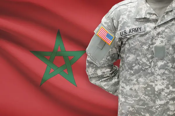 American soldier with flag on background - Morocco — Stock Photo, Image
