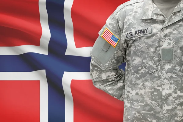 American soldier with flag on background - Norway — Stok Foto