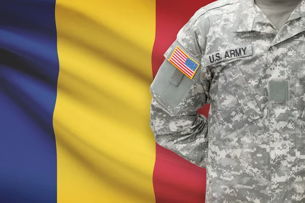 American soldier with flag on background - Romania — Stock Photo, Image