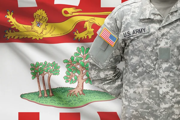 American soldier with Canadian province flag on background - Prince Edward Island — Stock Photo, Image