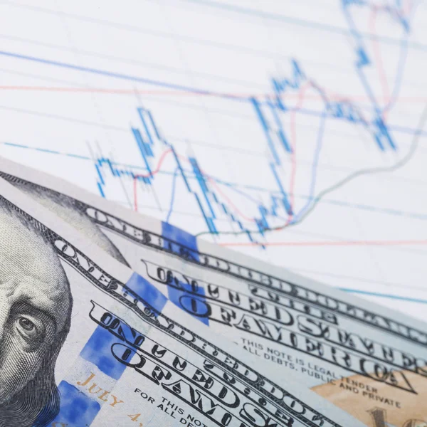 Stock market candle graph with a hundred dollars banknote — Stock Photo, Image