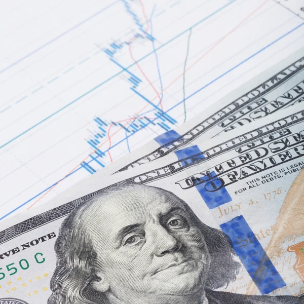 Hundred USA dollars banknote over stock market chart - studio shot — Stok Foto
