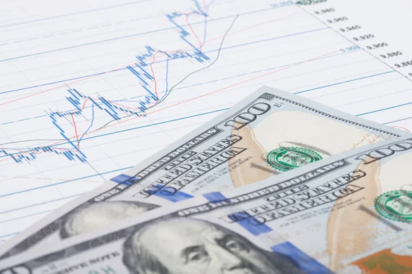 Börse-Graph mit hundert Dollar Banknote - Studioaufnahme — Stockfoto