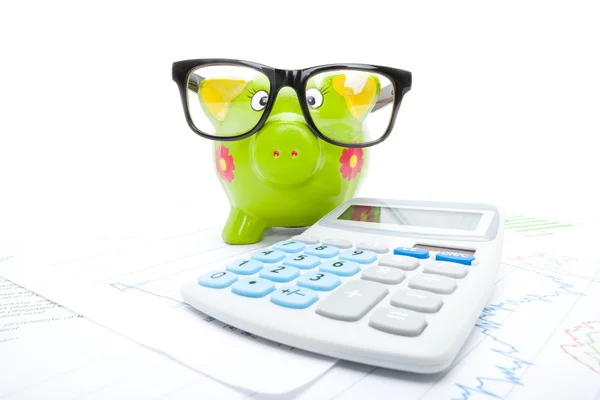 Market charts with piggy bank and calculator over it - studio shot — Stock Photo, Image