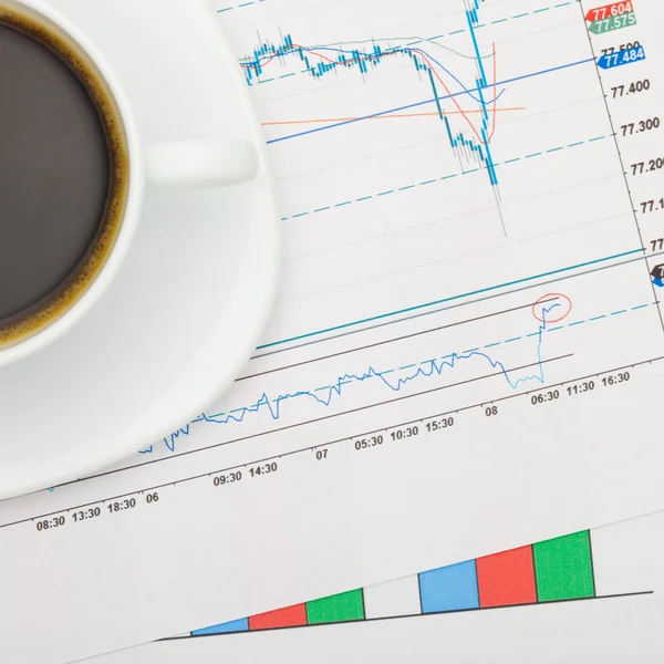 Kaffeetasse über Finanzdiagramme — Stockfoto