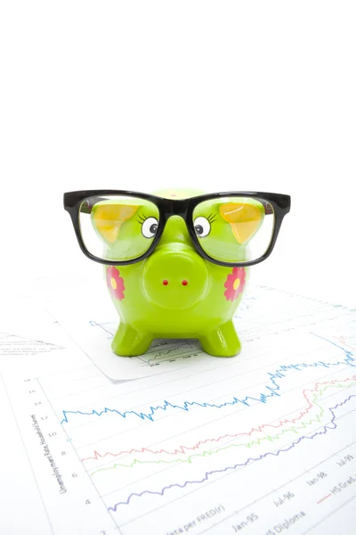 Piggy bank over market charts - studio shot — Stock Photo, Image