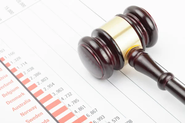 Wooden judge's gavel over colorful chart — Stock Photo, Image