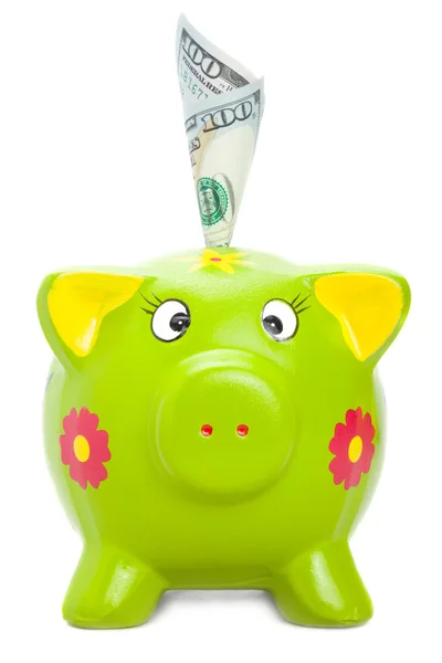Piggy bank with hunderd US dollars in it — Stock Photo, Image
