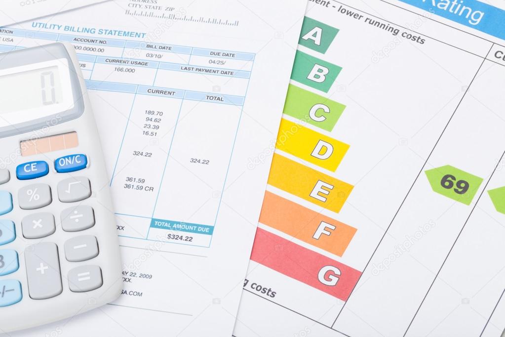 Colorful energy efficiency chart, utility bill and calculator