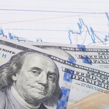 Kalem ve 100 dolarlık banknot ile hisse senedi grafiği
