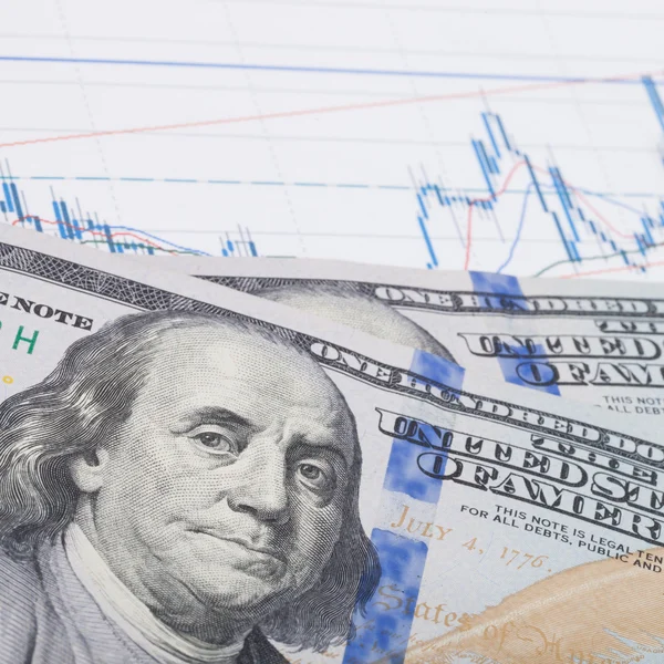 Stock market graph with pen and 100 dollars banknote — Stock Photo, Image
