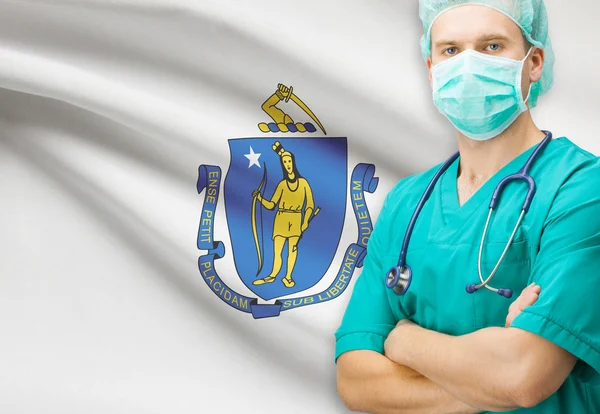 Surgeon with US state flag on background series - Massachusetts — Stock Photo, Image