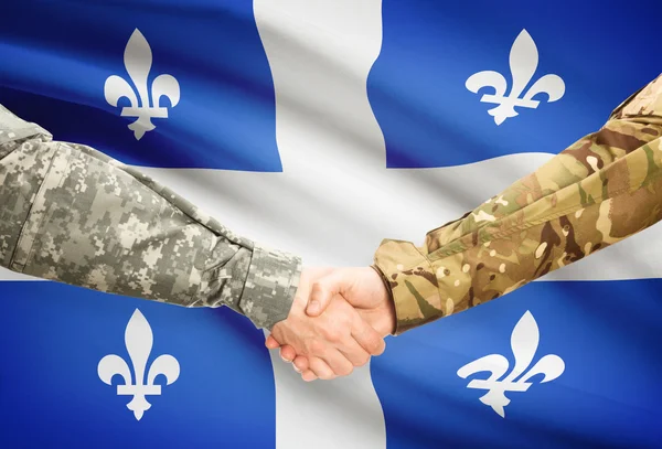 军事握手和加拿大省旗-魁北克 — 图库照片