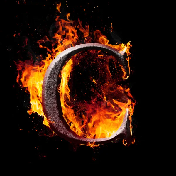 High resolution iron letters illustration in fire on black background — Stock Photo, Image