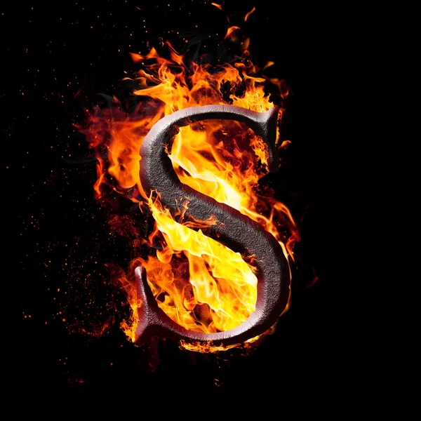 High resolution iron letters illustration in fire on black background — Stock Photo, Image