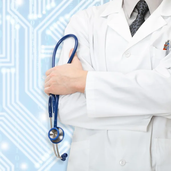 Doctor with stethoscope and blue circuit on background - close up — Stock Photo, Image