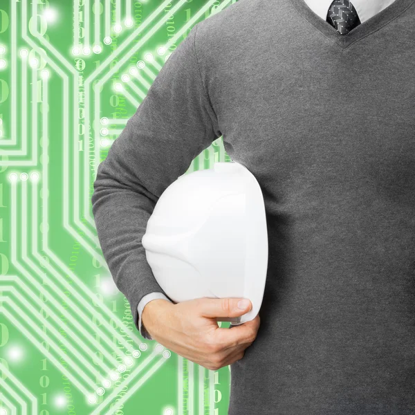 Engineer with green digital circuit on background - close up — Stock Photo, Image