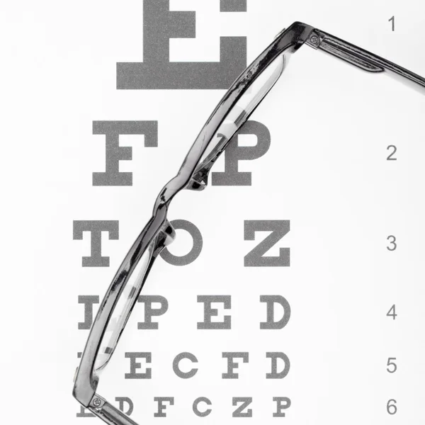 Tabela de teste de visão com óculos por cima - close-up — Fotografia de Stock