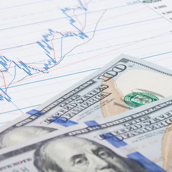 Burzovní graf s sto dolarů bankovek - detail — Stock fotografie