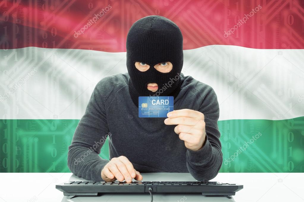 Concept of cybercrime with national flag on background - Hungary