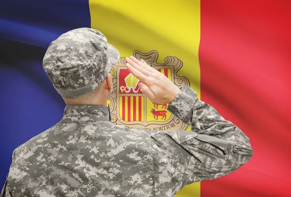 Soldier in hat facing national flag series - Andorra — Stock Photo, Image