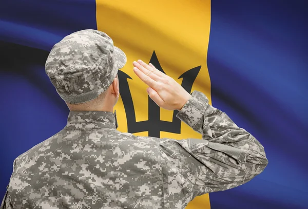 Soldier in hat facing national flag series - Barbados — Stock Photo, Image