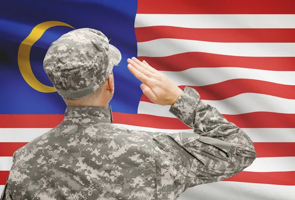 Soldier in hat facing national flag series - Malaysia — Stock Photo, Image