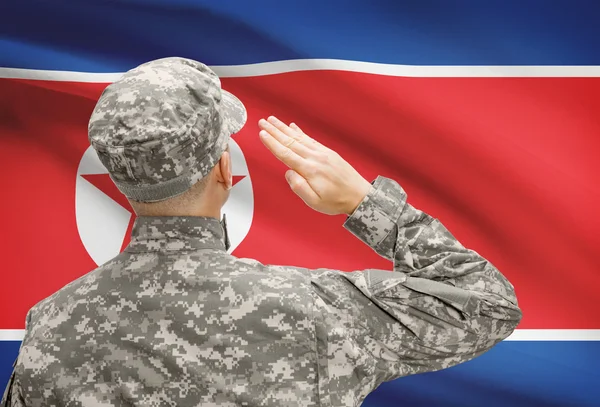 Soldat i hat inför nationella flagga rad - Nordkorea — Stockfoto