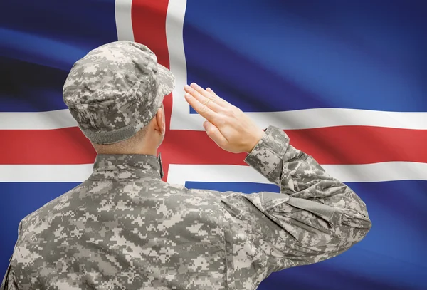 Soldier in hat facing national flag series - Iceland — Stock Photo, Image