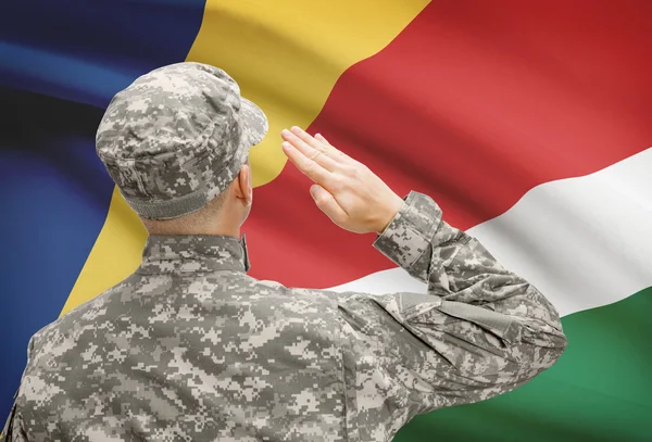 Soldat au chapeau face à la série des drapeaux nationaux - Seychelles — Photo