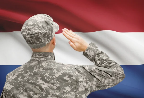 Soldat au chapeau face à la série des drapeaux nationaux - Pays-Bas Image En Vente
