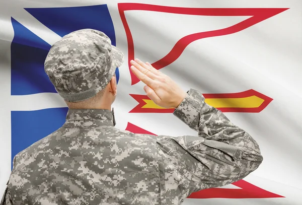 Soldat, Salutieren, Canadial Provinz Flag Serie - Neufundland und Labrador — Stockfoto