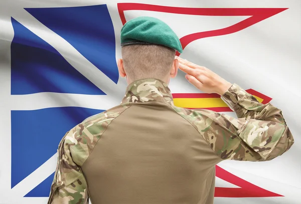 Soldier saluting to Canadial province flag conceptual series - Newfoundland and Labrador — Stock Photo, Image