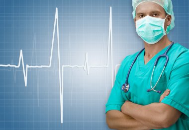 Cerrah koyu mavi zemin üzerine EKG işaretiyle