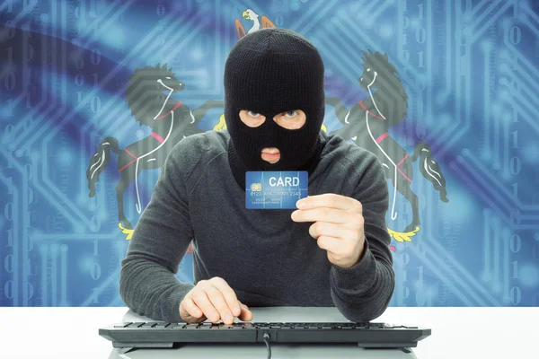 Hacker drží kreditních karet a Usa státní vlajky na pozadí - Pensylvánie — Stock fotografie