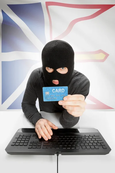 Hacker with credit card in hand and Canadian province flag on background - Newfoundland and Labrador —  Fotos de Stock